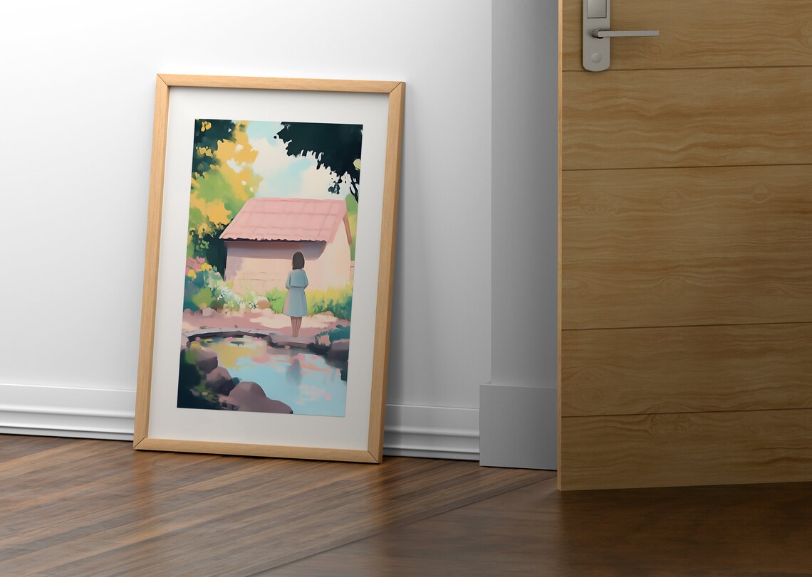 Girl by Cottage Pond in Golden Autumn Trees Pastel Fall Landscape Poster - Image 2