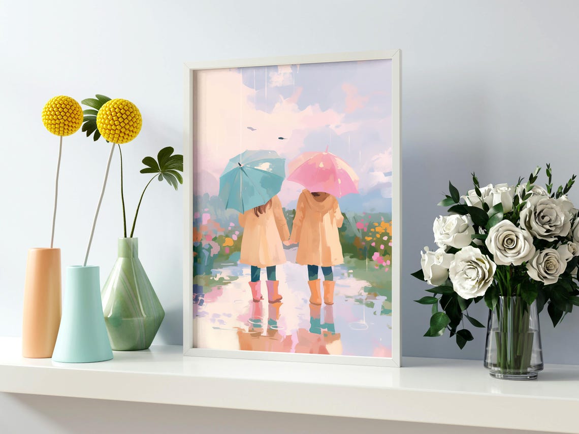 Two Girls Holding Hands Under Umbrellas In A Rainy Garden Poster - Image 2
