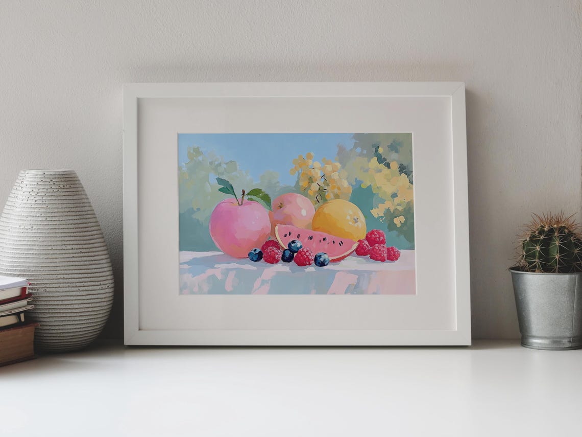 Pink Apples Lemon Watermelon Berries Floral Still Life Art Print - Image 4