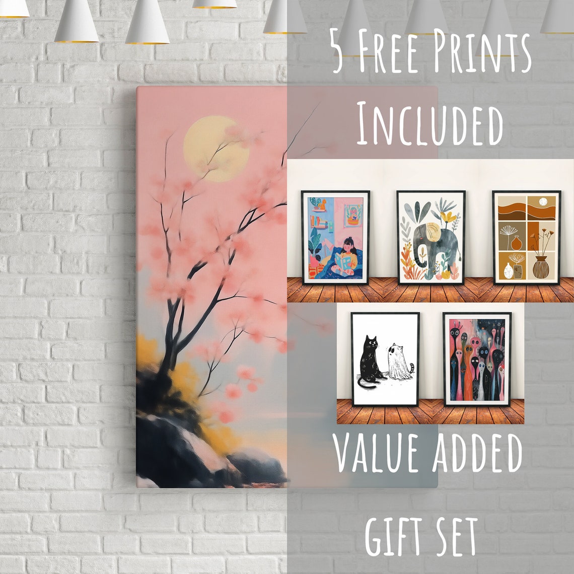 Cherry Blossom Lake with Pink Moon Misty Mountain Landscape Art Poster - Image 3