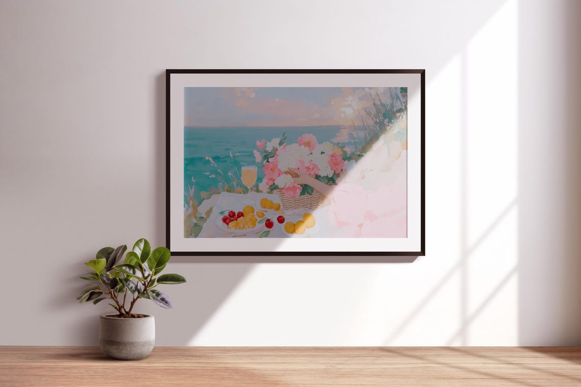 Coastal Picnic Hydrangea Basket Fruit Ocean View Pastel Art Poster - Image 3
