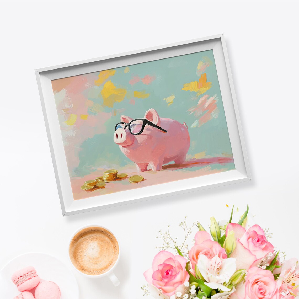 Pink Piggy Bank Glasses Gold Coin Stacks Cute Savings Art Print - Image 5
