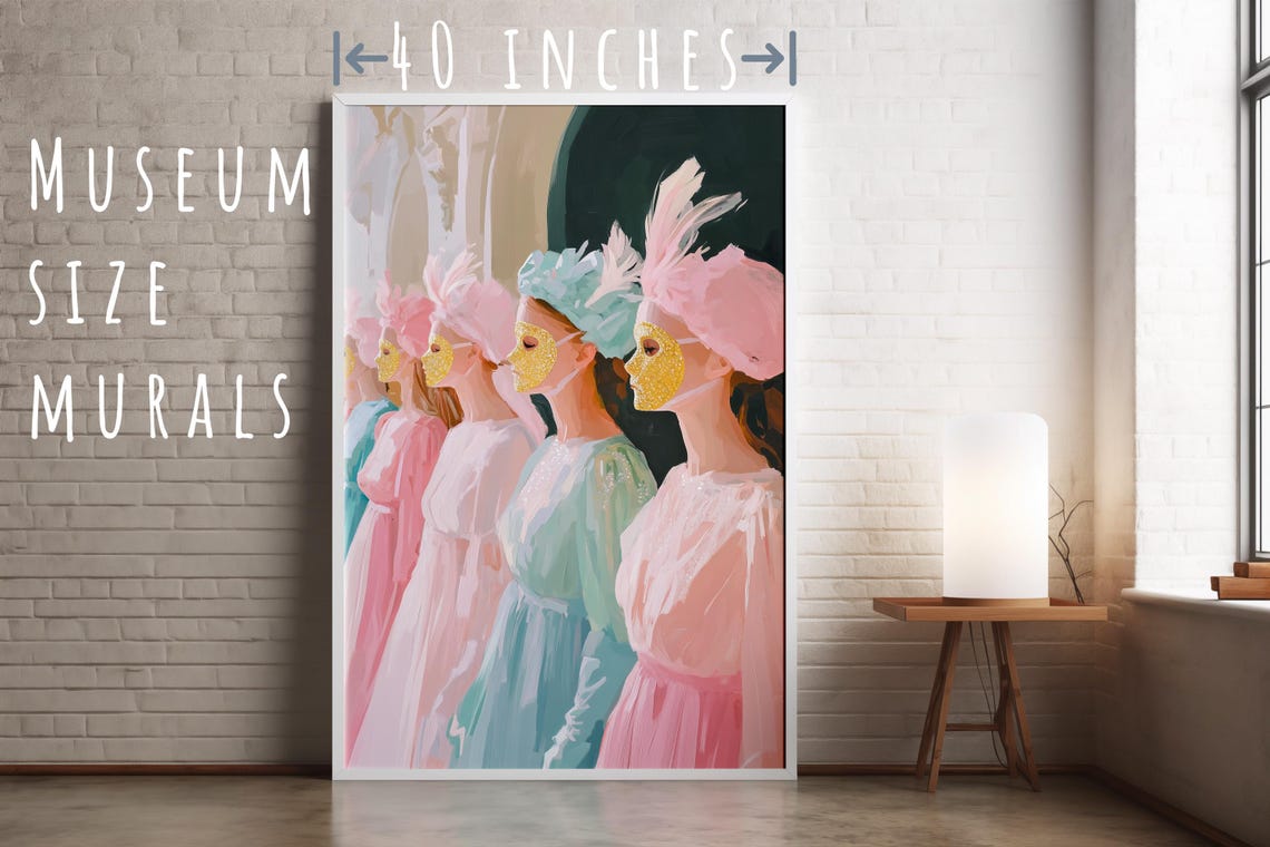 Pastel Painting Of Women With Sparkles Masks Mystical Women Art Colorful Robe Art Royal Women Painting Masked Figures Art Women Art - Image 5