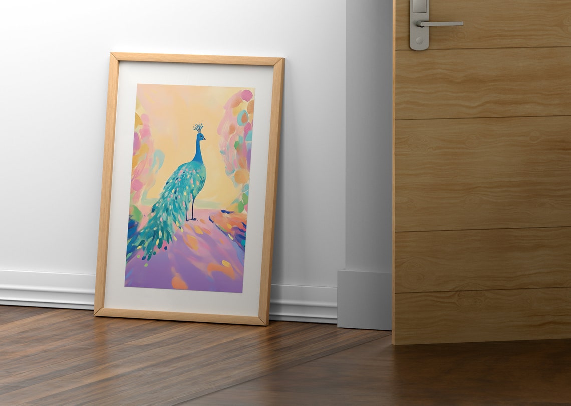 Teal Peacock in Colorful Garden Nursery Whimsical Art Poster - Image 4