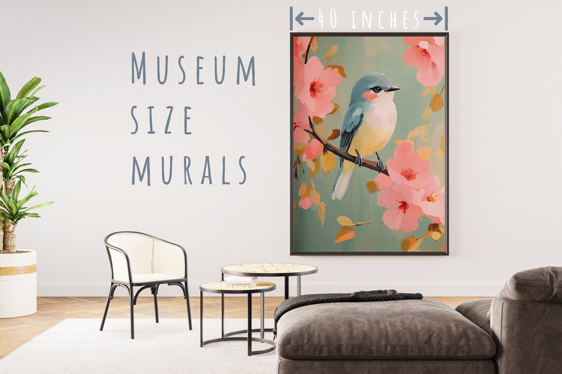 Blue Songbird Among Pink Blossoms Pastel Bird Painting Art Poster - Image 5