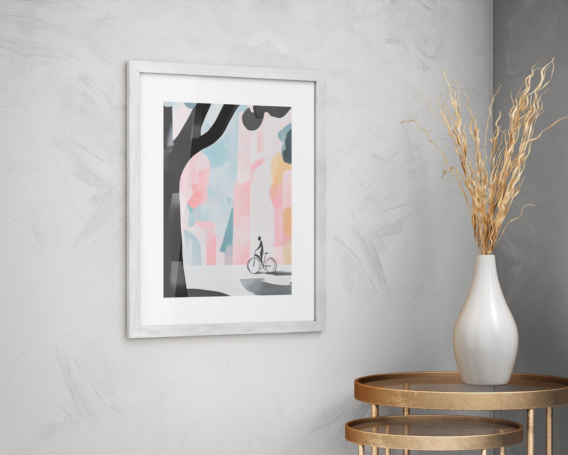 Silhouette Cyclist Under Big Tree Pastel City Street Art Poster - Image 2