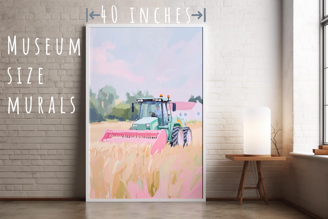 Green Tractor Harvesting Golden Wheat Field Farm Harvest Art Poster - Image 5