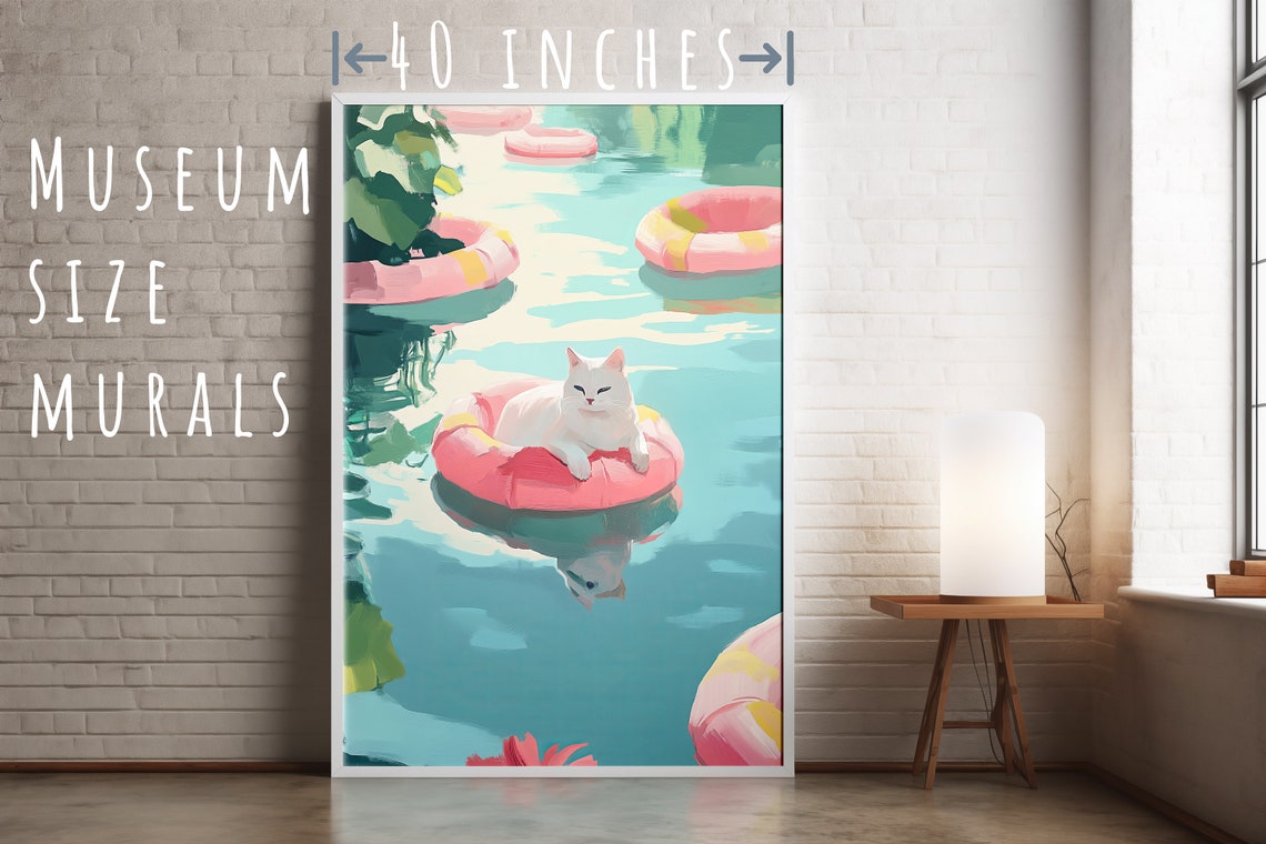Funny Lazy White Cat on Pink Float Turquoise Summer Pool Poster - Image 5
