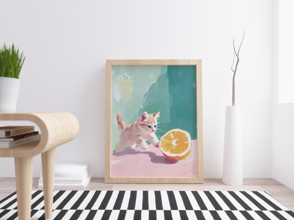 Cute Kitten Playing With Lemon Half Pastel Painting Funny Cat Art Poster - Image 4
