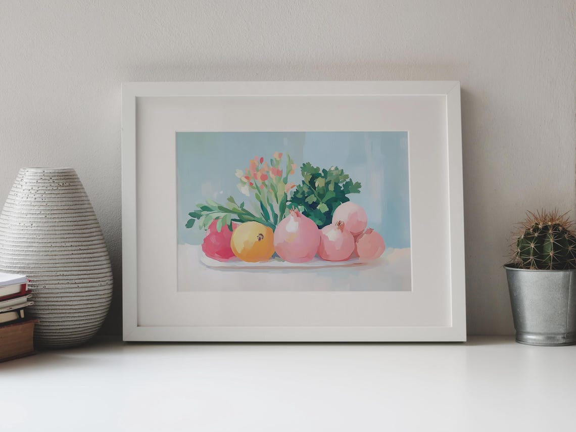 Pink Onions Lemon Herbs Flowers Fresh Produce Still Life Poster - Image 4