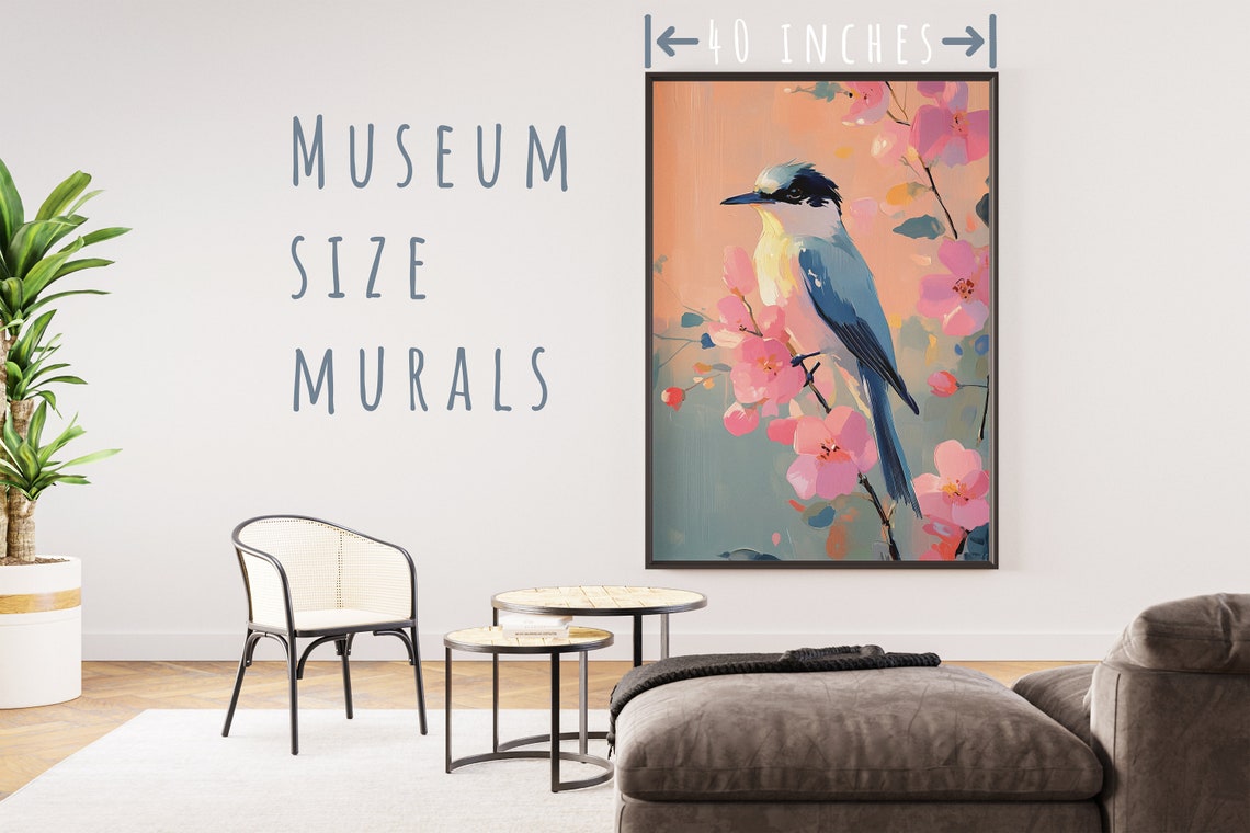 Azure Blue Bird on Pink Cherry Blossom Branch Pastel Spring Art Poster - Image 5