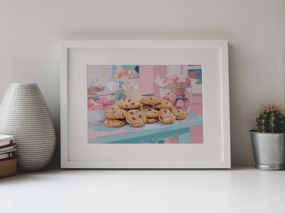 Stack Of Chocolate Chip Cookies On Pastel Blue Table Kitchen Poster - Image 3
