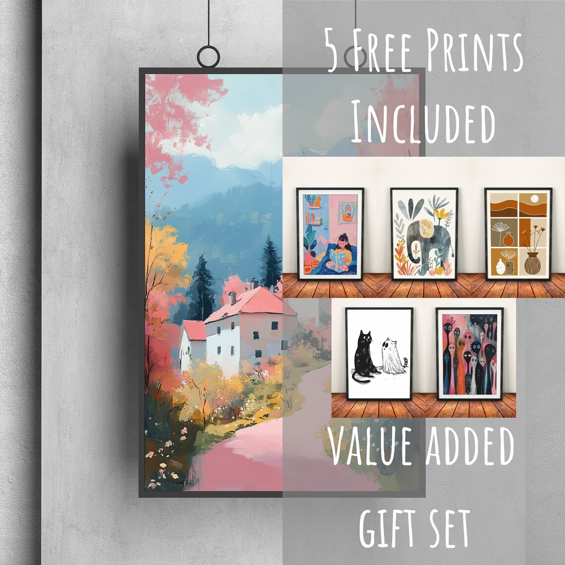 Village Church in a Pink Autumn Valley Mountain Landscape Travel Poster - Image 3