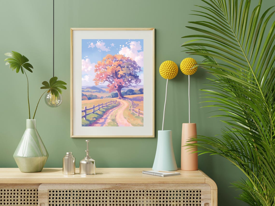 Charming Landscape Tree Art Footpath Fence Print Watercolor Rustic Tree Decor Peaceful Footpath Art Wall Art Prints - Image 4