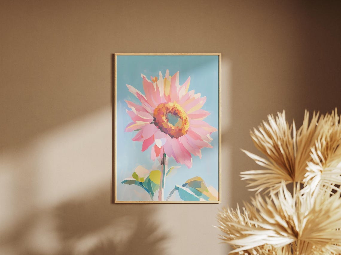 Pink Sunflower Against Blue Sky Modern Floral Oil Wall Art Print - Image 4