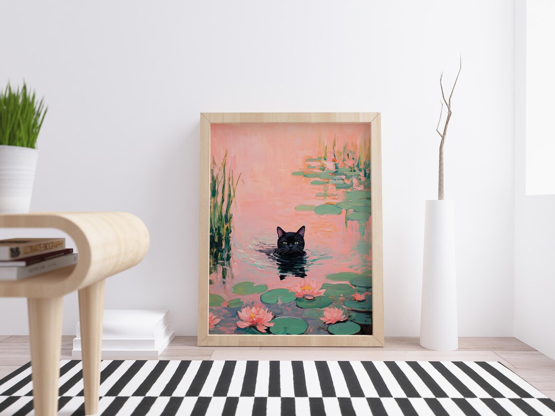 Black Cat Swimming Pink Lily Pond Water Lilies Whimsical Art Poster - Image 2