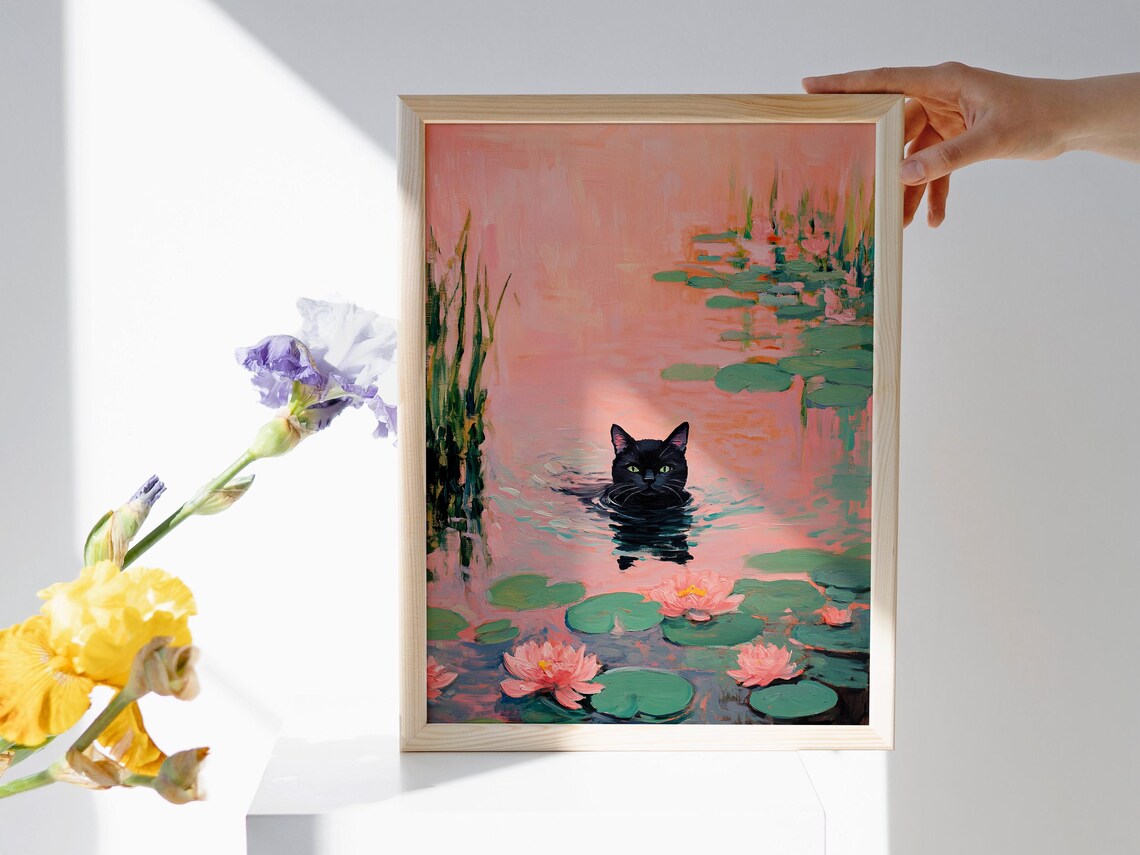 Black Cat Swimming Pink Lily Pond Water Lilies Whimsical Art Poster - Image 4