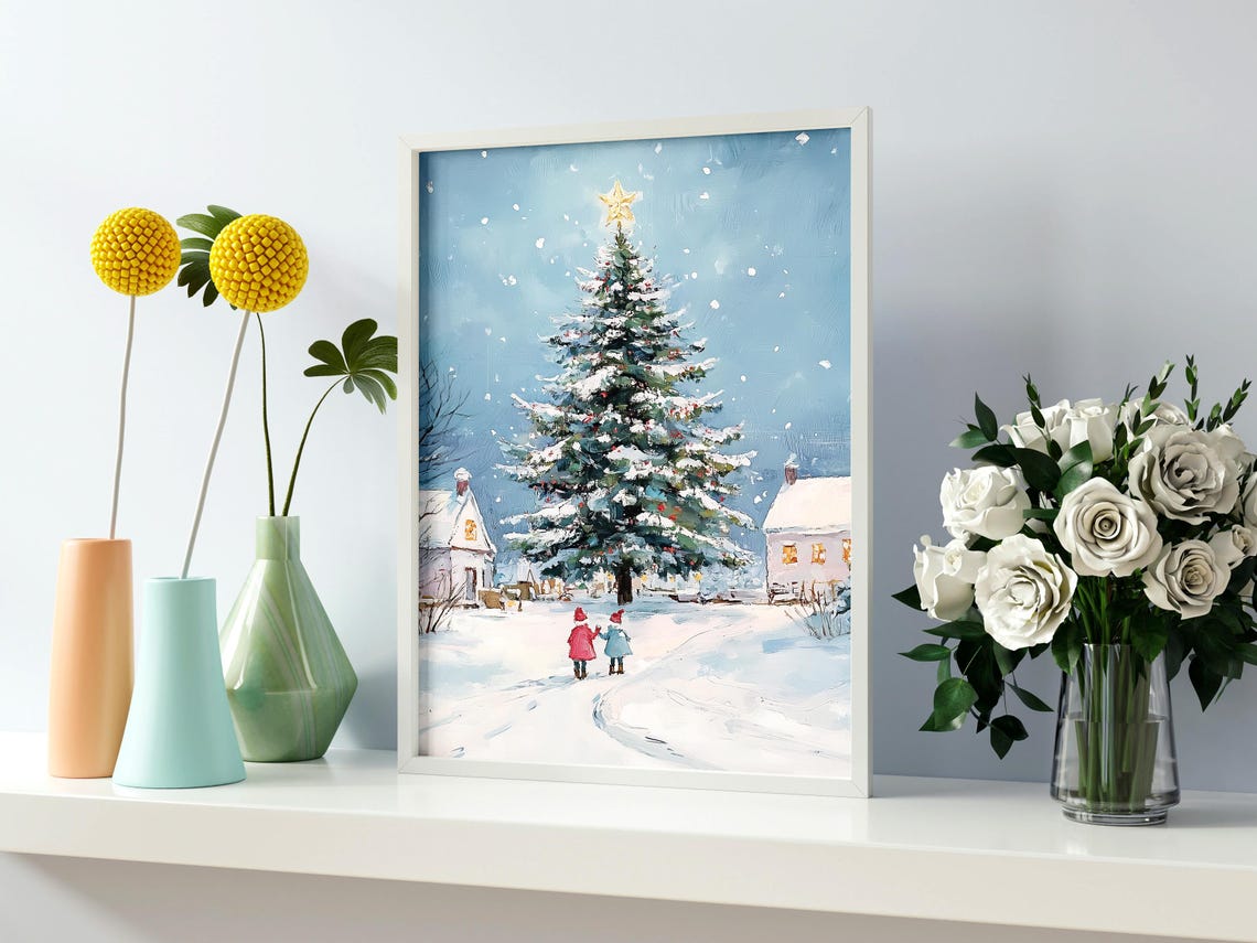 Snowy Christmas Village Night Big Tree Two Kids Winter Art Print - Image 2