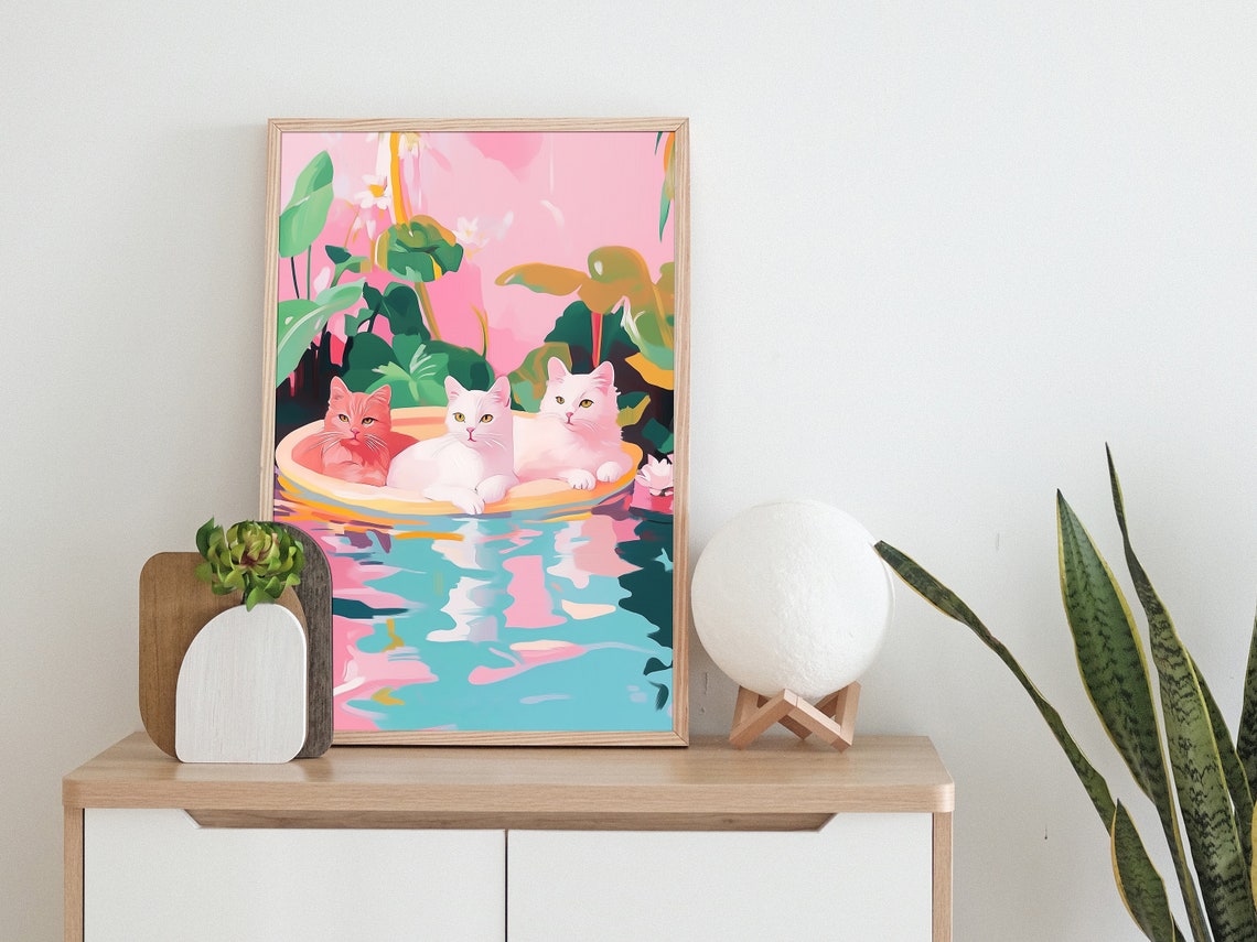 Three Cats in Yellow Boat Floating Tropical Playful Art Poster - Image 4