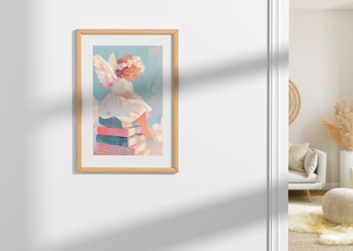 Little Angel Sitting On A Stack Of Pastel Books Among Clouds Poster - Image 2
