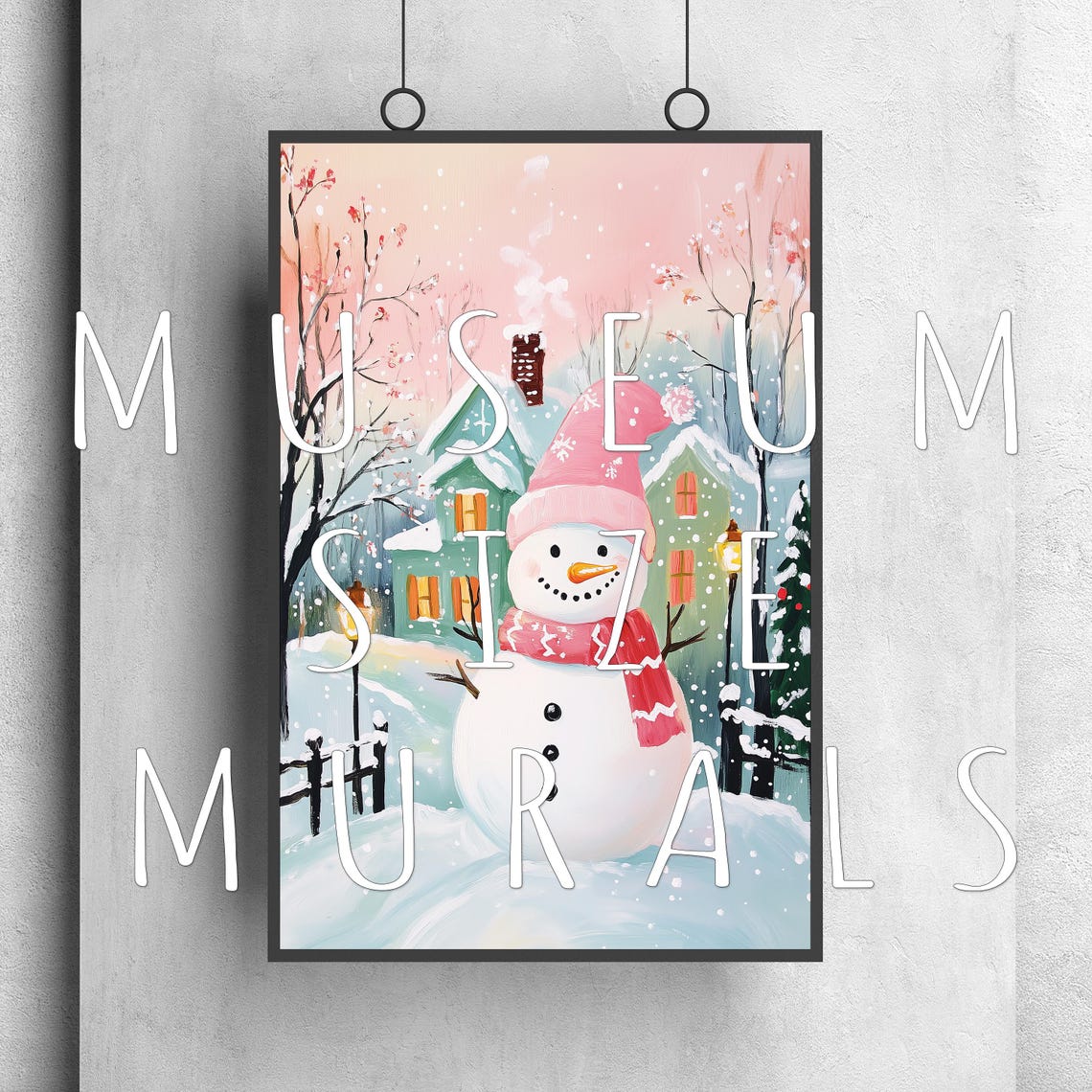 Smiling Snowman In Pink Hat And Red Scarf In Snowy Village Poster - Image 3