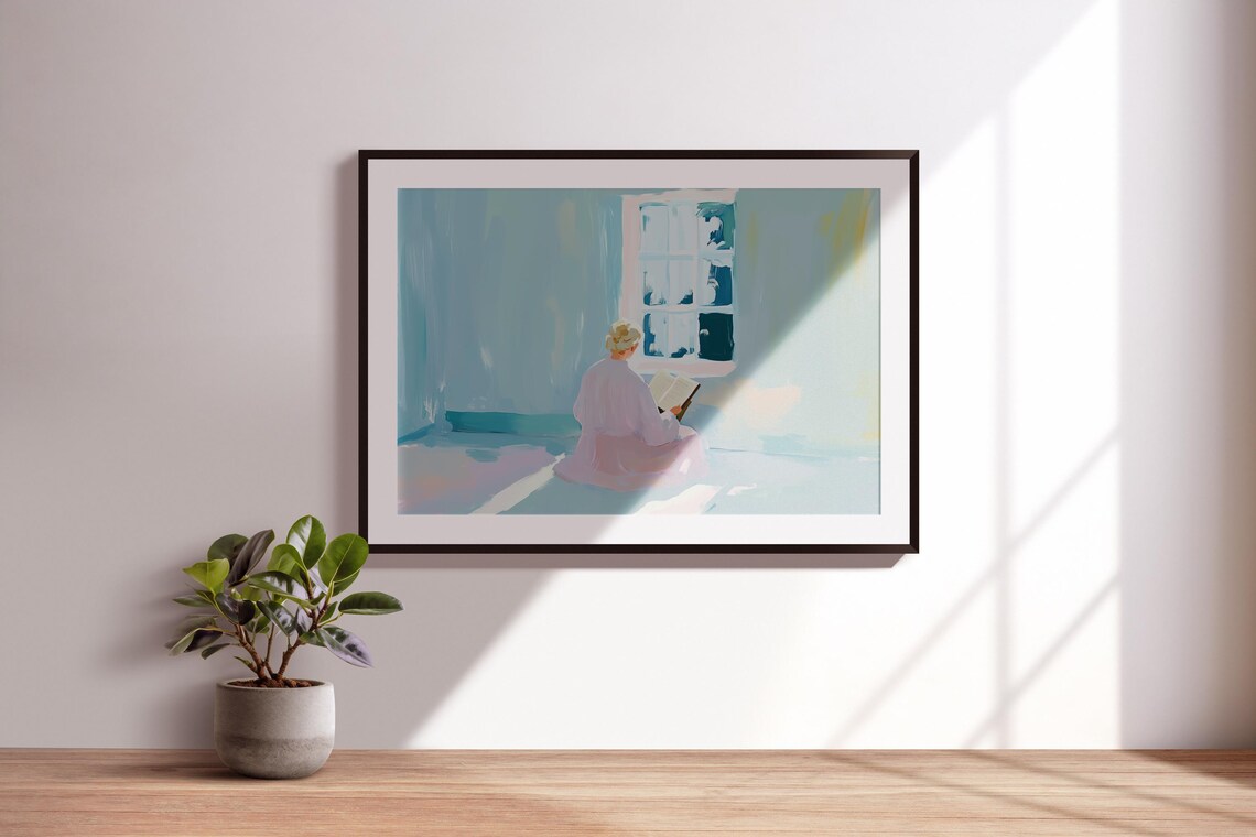 Woman Reading Book By Sunlit Window Pastel Painting Quiet Room Art Poster - Image 3