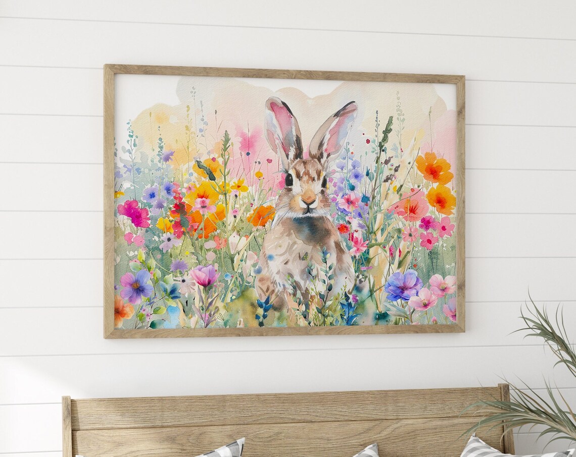 Spring Bunny Watercolor Wildflowers Poster Easter Bunny Nursery Art - Image 4