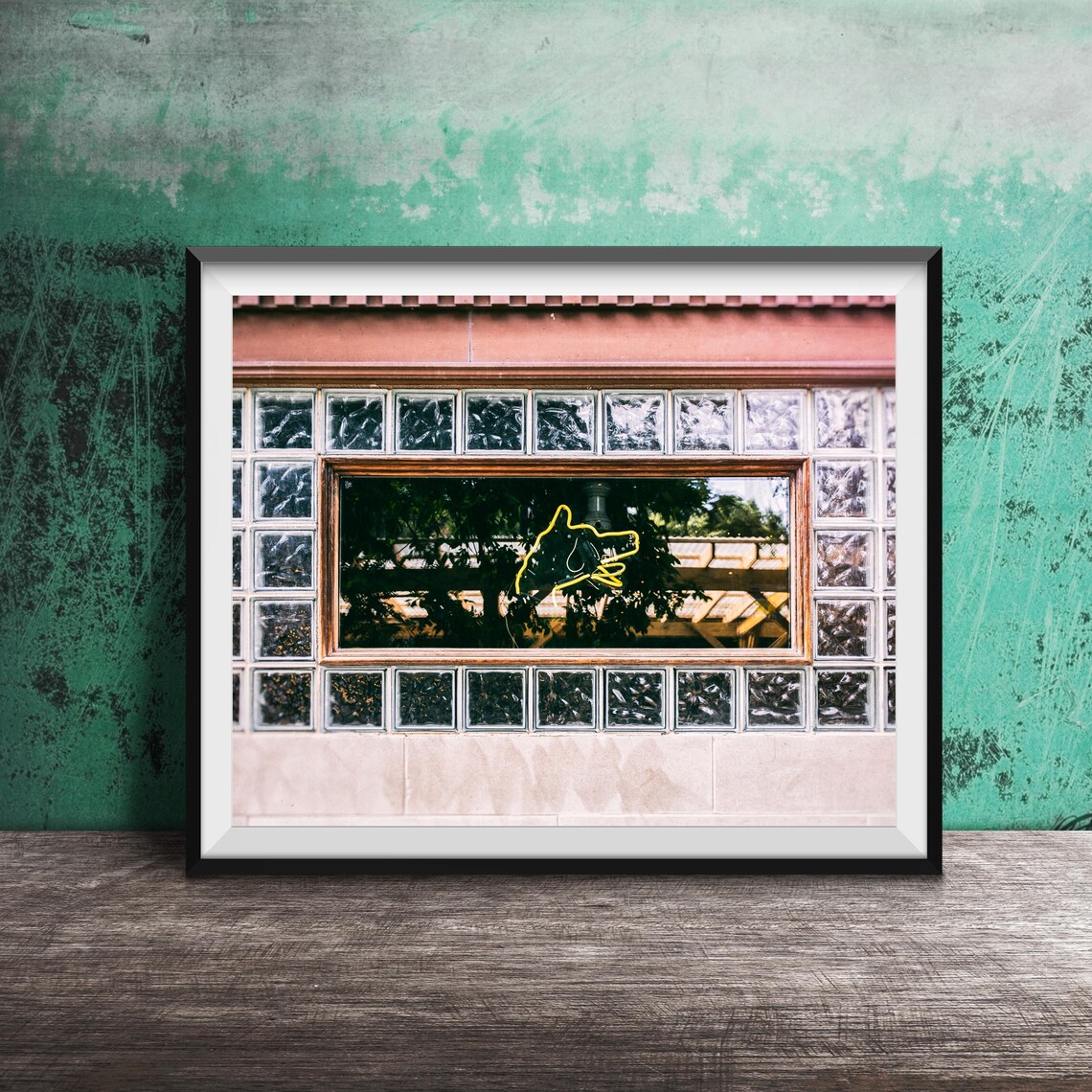 Yellow Neon Dog Head Sign in Glass Block Window Photography Poster