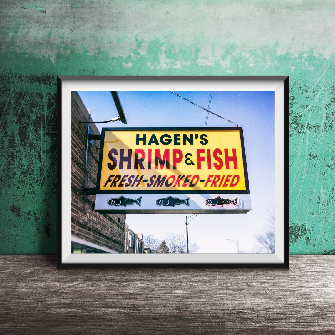 Hagen's Shrimp and Fish Fresh Smoked Fried Sign Chicago Poster