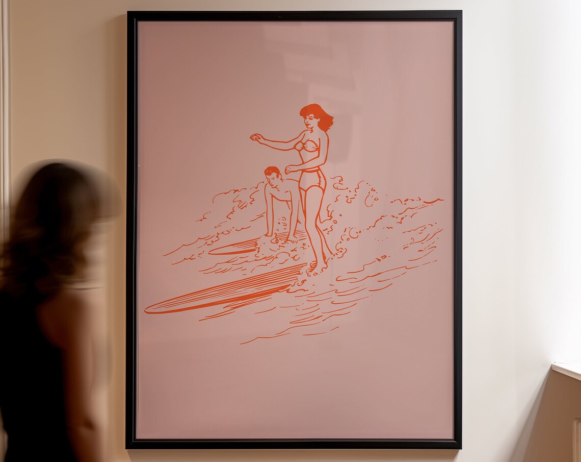 Vintage Surfer Couple Orange Line Art Pink Retro Beach Surf Wall Art