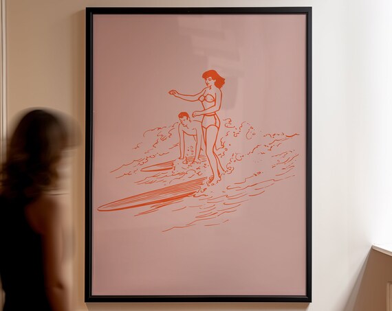 Vintage Surfer Couple Orange Line Art Pink Retro Beach Surf Wall Art