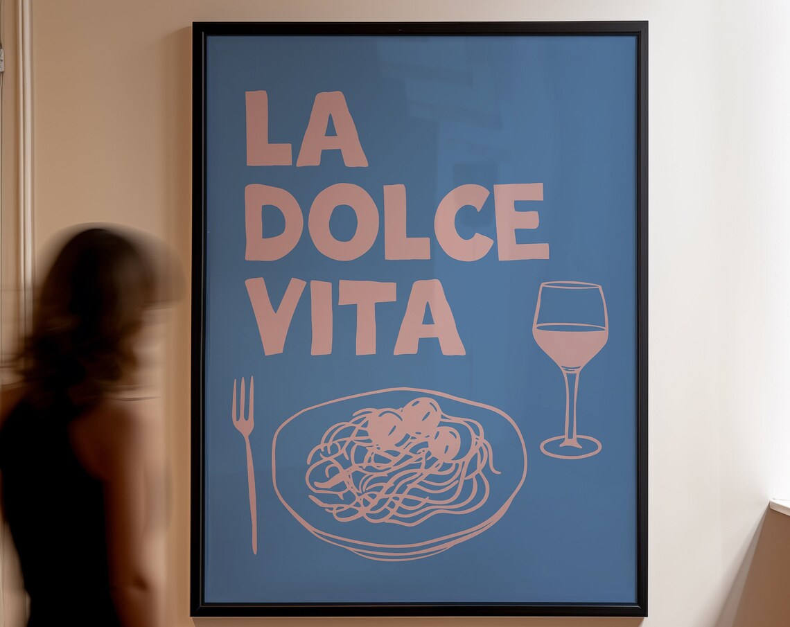 La Dolce Vita Pink Blue Pasta Wine Italian Restaurant Wall Poster