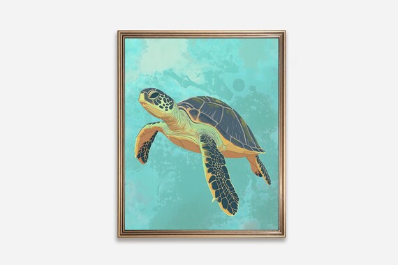 Sea Turtle Swimming Turquoise Ocean Watercolor Coastal Wall Art