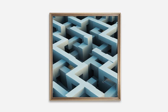 Geometric Maze Art Abstract Labyrinth Print Blue Gray Modern Wall Art Minimalist Poster 305