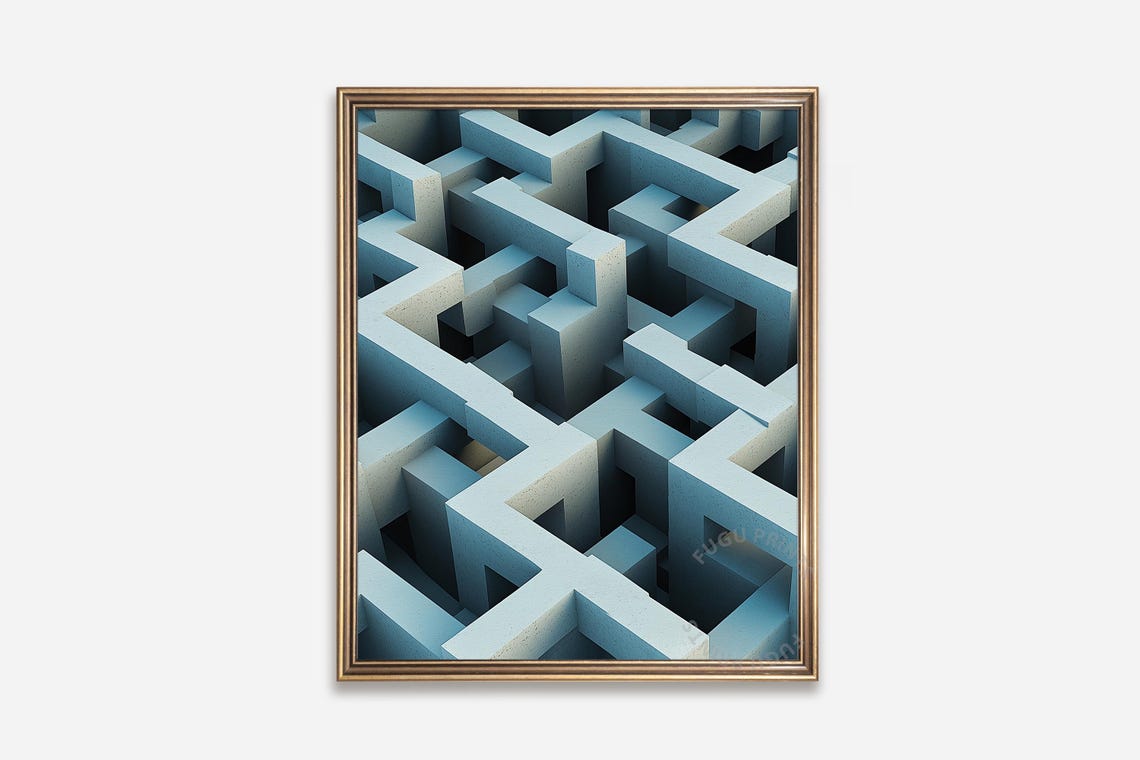 Geometric Maze Art Abstract Labyrinth Print Blue Gray Modern Wall Art Minimalist Poster 305