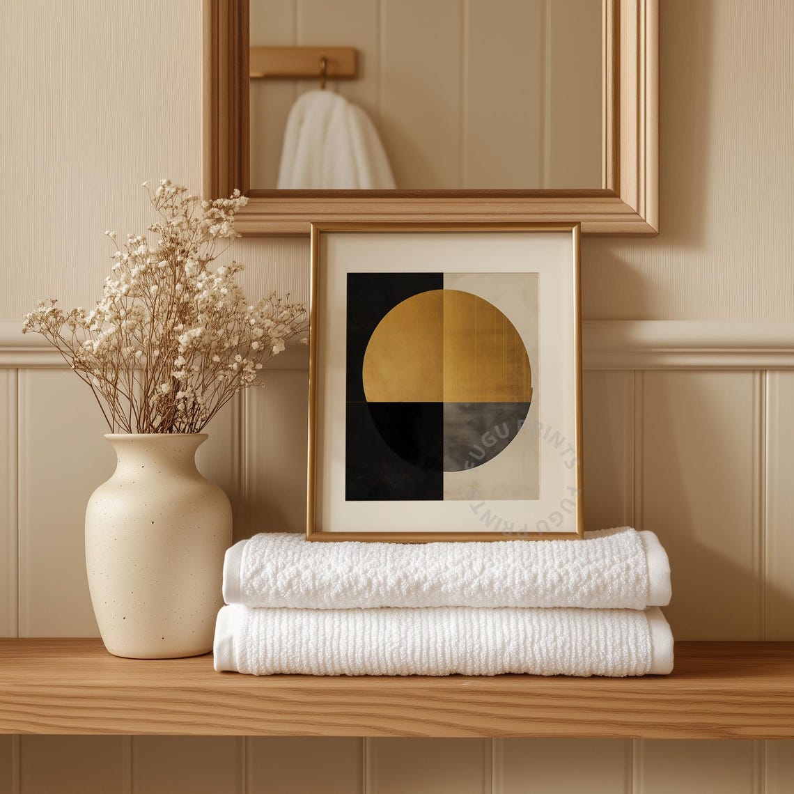 Gold Circle Abstract Art Black Cream Geometric Print Wall Art 260 - Image 3