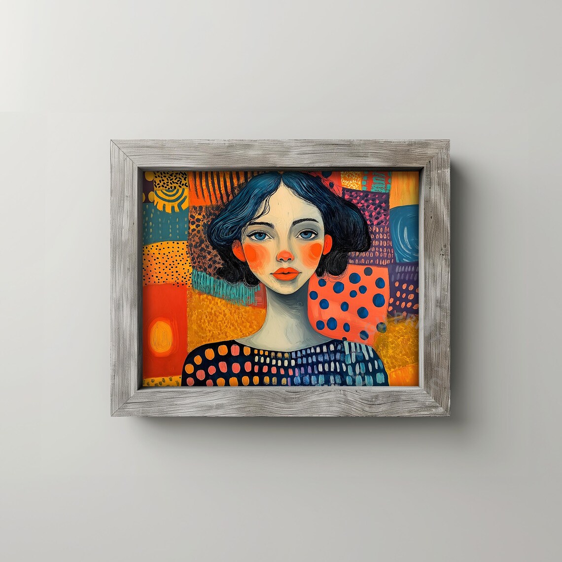Colorful Patchwork Woman Portrait with Dark Hair Boho Decor Wall Art - Image 2