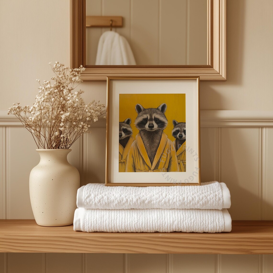 Three Raccoons in Yellow Bathrobes on Mustard Background Funny Poster - Image 3