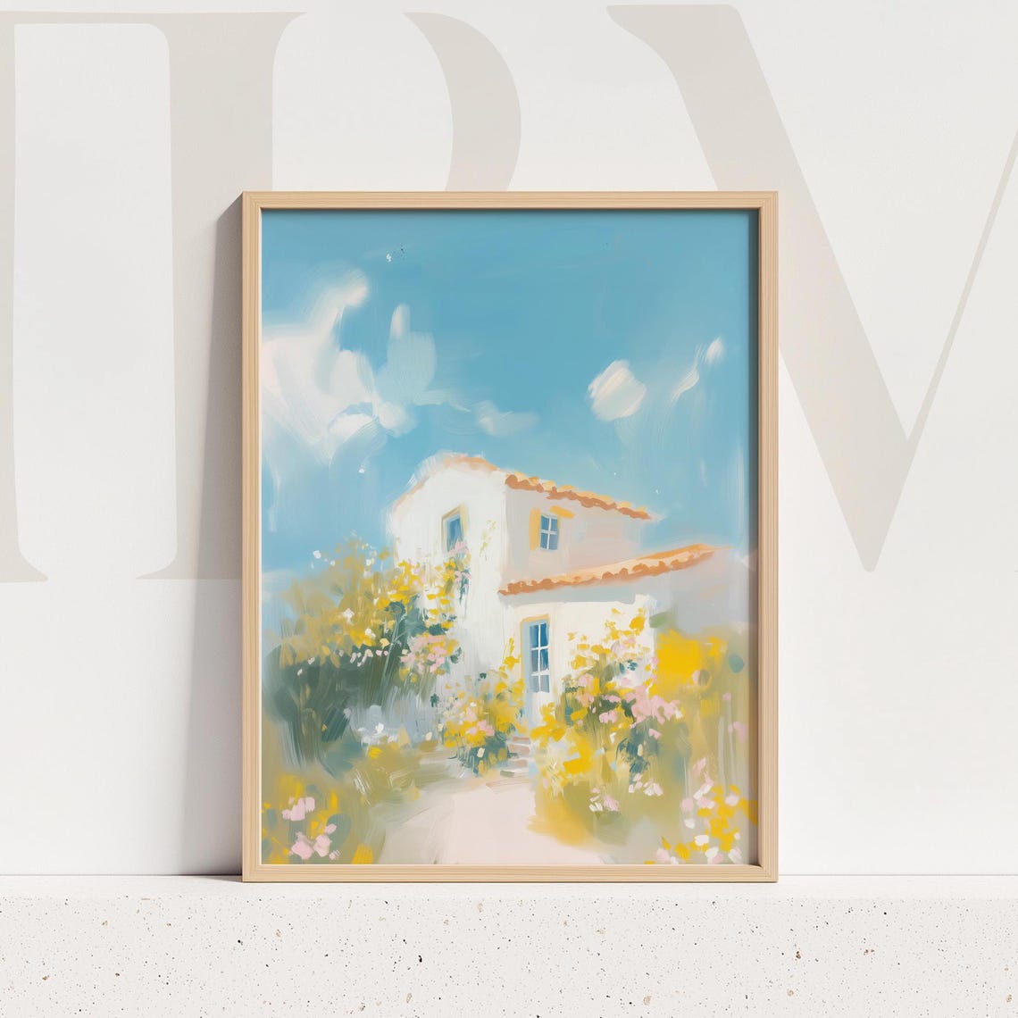 Sunlit Tuscany Garden Cottage White Villa Floral Painting Print