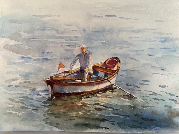 Fisher Man And Sea Landscape Painting Original Watercolor Fisher Man Aquarelle Original Landscape Nautical