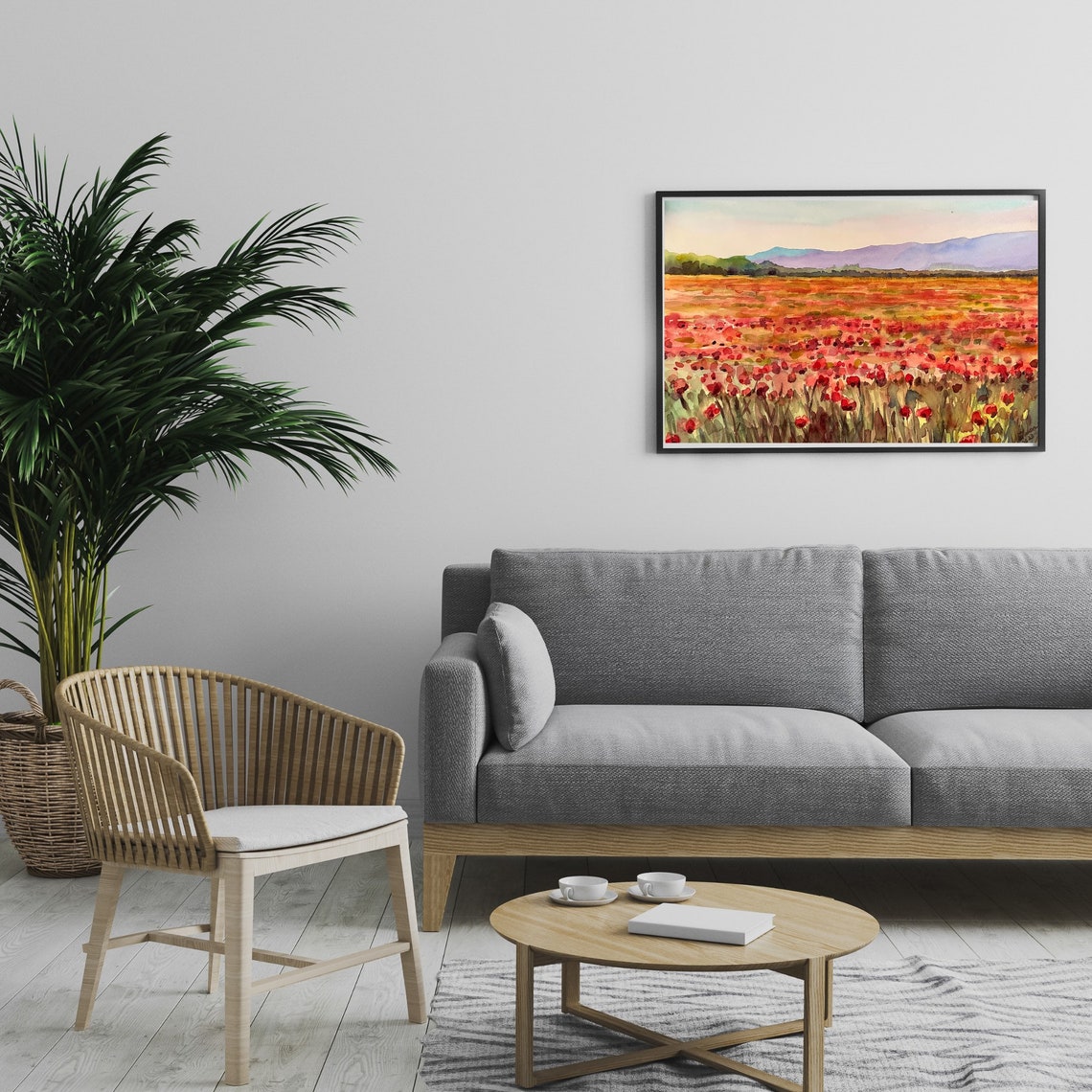 Vast Red Poppy Field Under Purple Mountains Watercolor Poster - Image 3