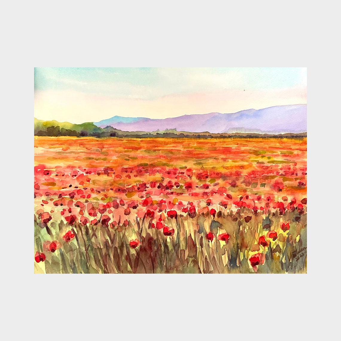 Vast Red Poppy Field Under Purple Mountains Watercolor Poster - Image 2