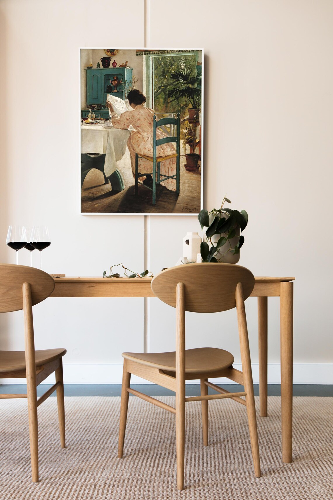 Woman Reading Newspaper at Sunlit Breakfast Table Art Poster - Image 2