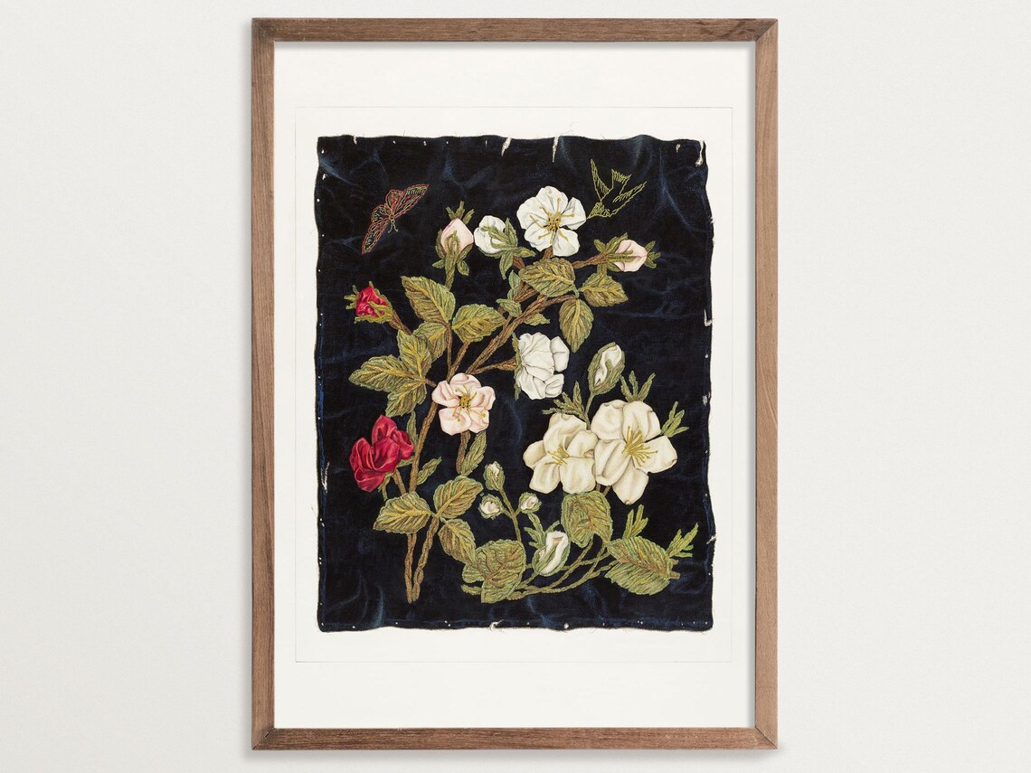 Vintage Floral Textile, Antique Botanical Decor