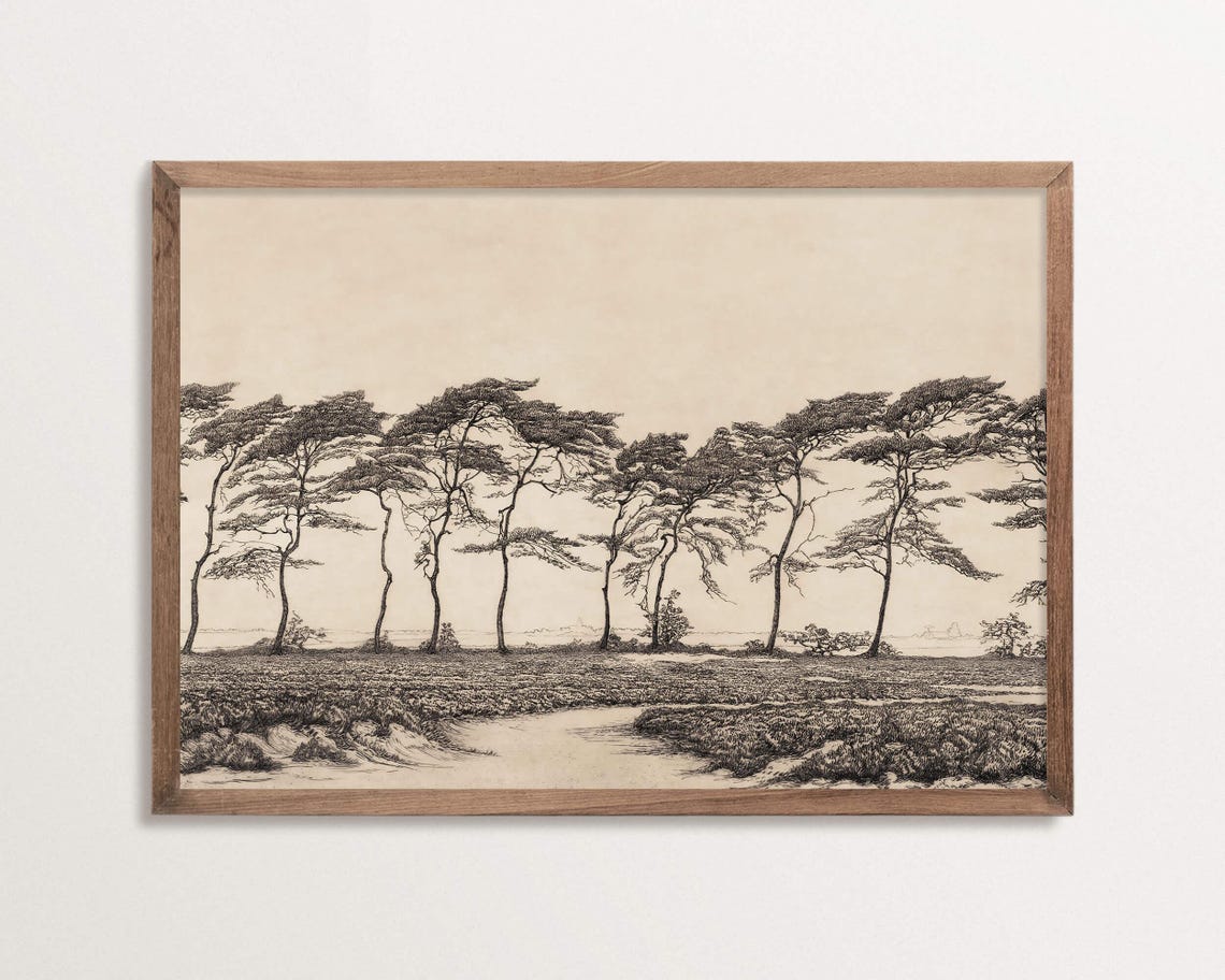 Antique Tree Etching, Vintage Landscape Art Print