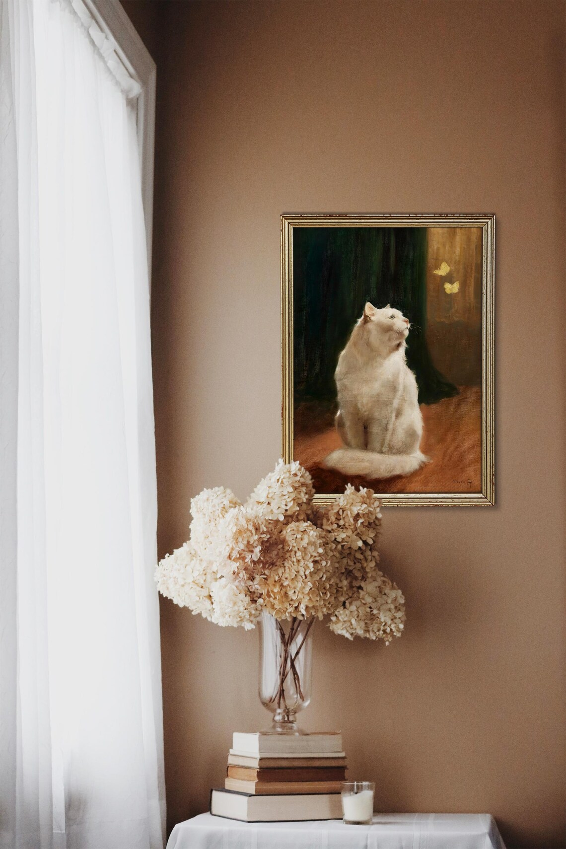 White Cat Watching Yellow Butterflies Vintage Oil Painting Poster - Image 2