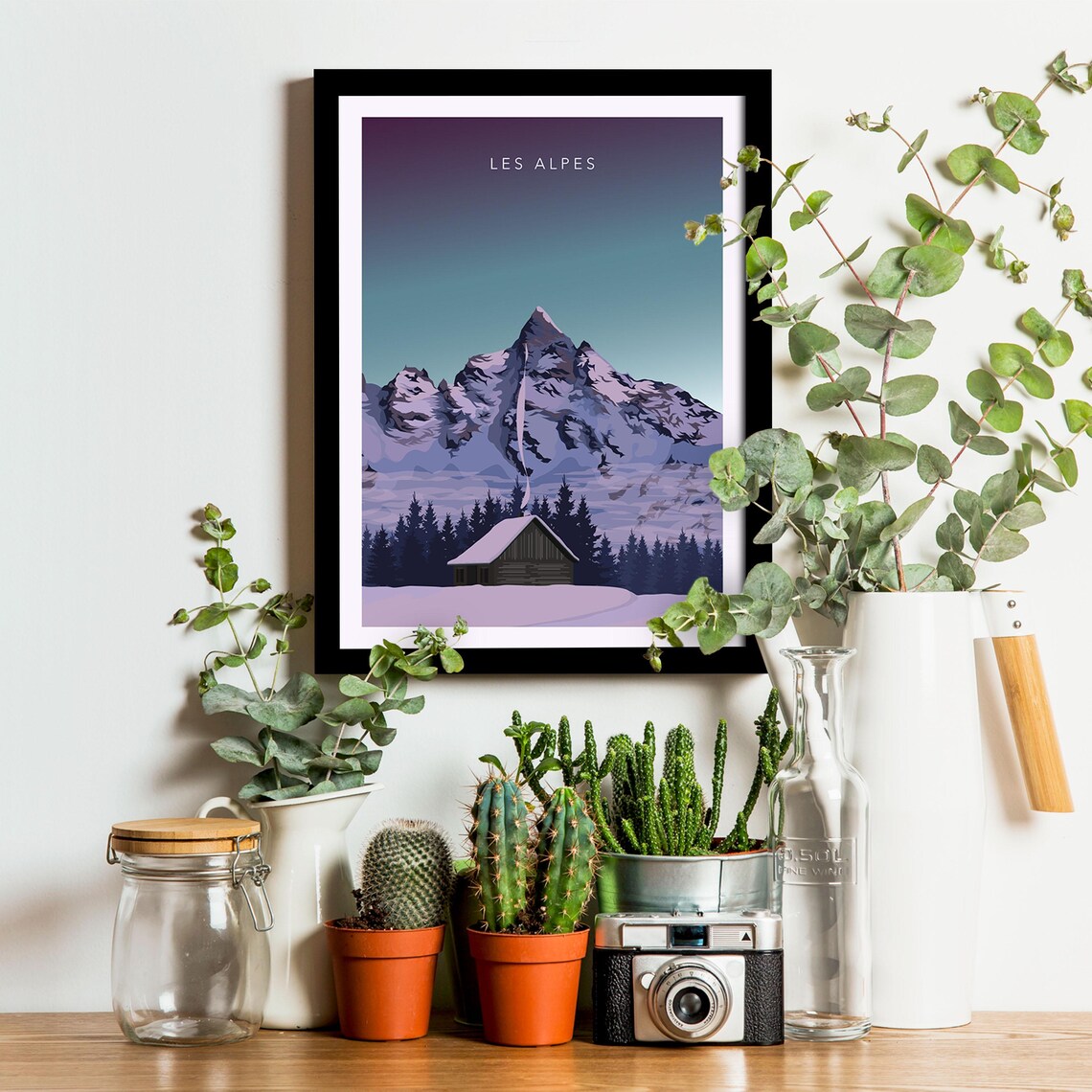 Les Alpes Snow Cabin Smoking Chimney Peak Teal Ski Travel Poster - Image 3