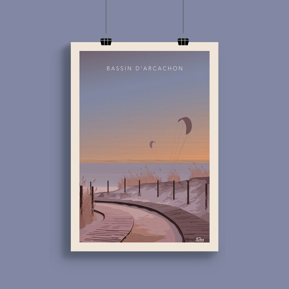Bassin D'Arcachon Dune Boardwalk And Kitesurfers Travel Poster