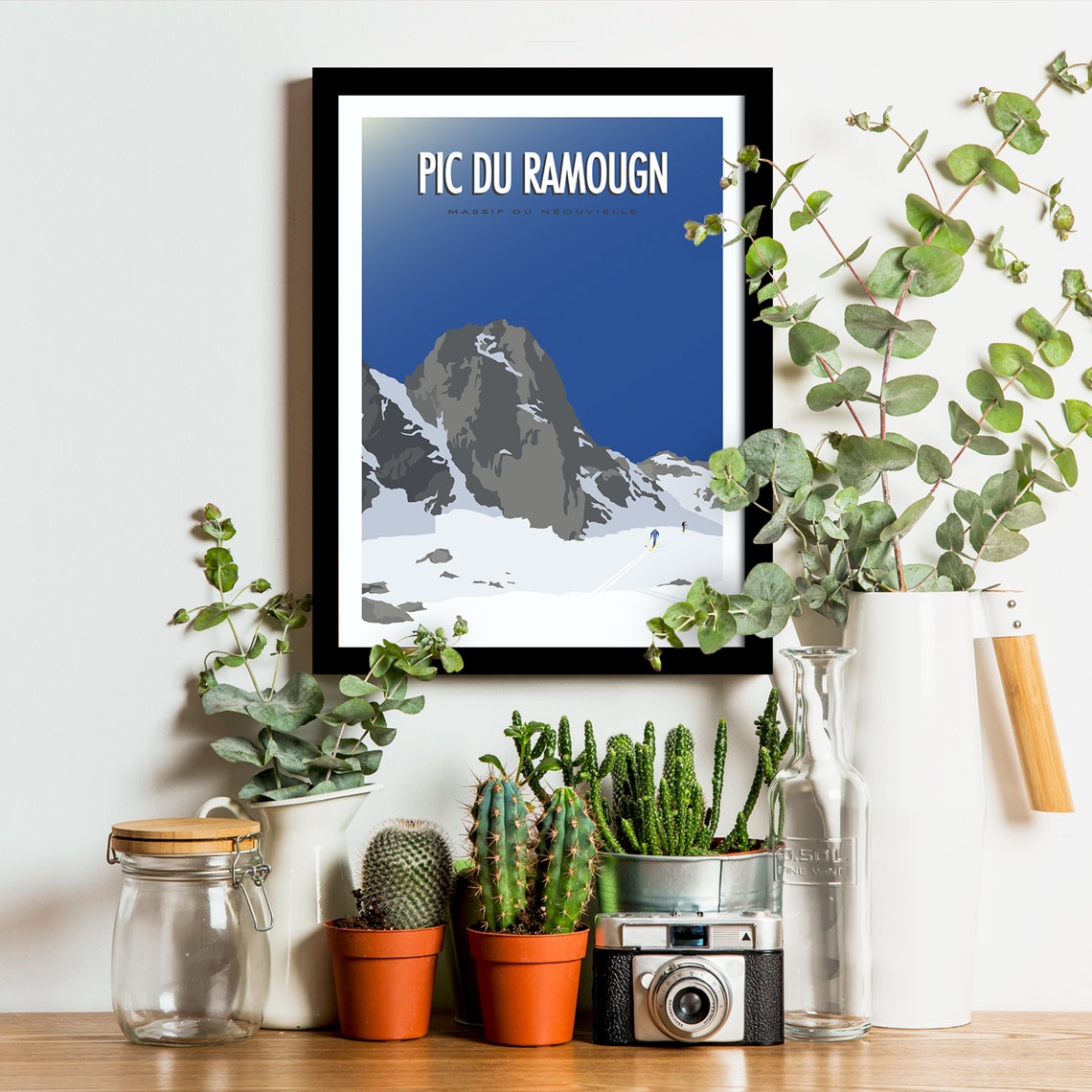 Pic du Ramougn Neouvielle Massif Skiers Blue Sky Travel Poster - Image 3
