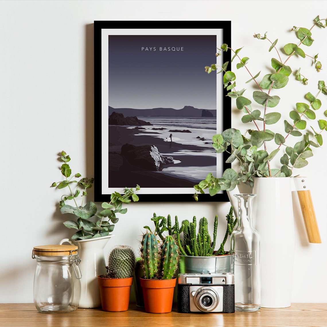 Pays Basque Surfer And Dog On Rocky Beach Night Travel Poster - Image 3